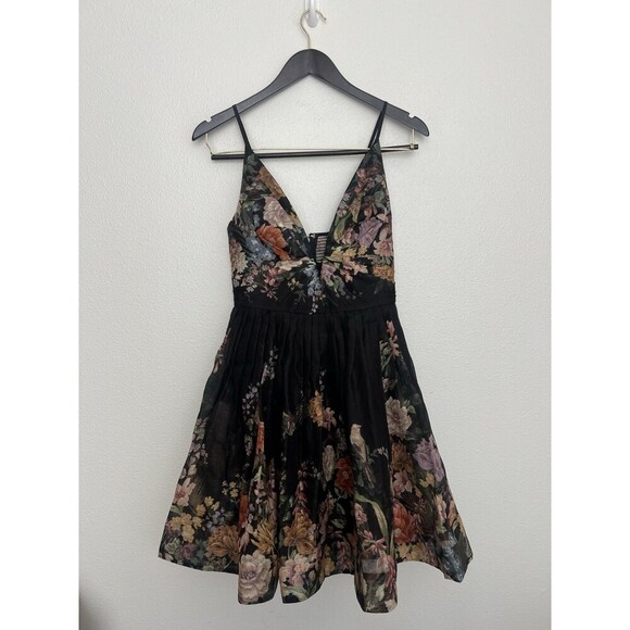 Zimmermann Pavilion V Neck Mini Dress in Black Multi Floral Linen Silk AU 1 US 6 - Picture 7 of 16